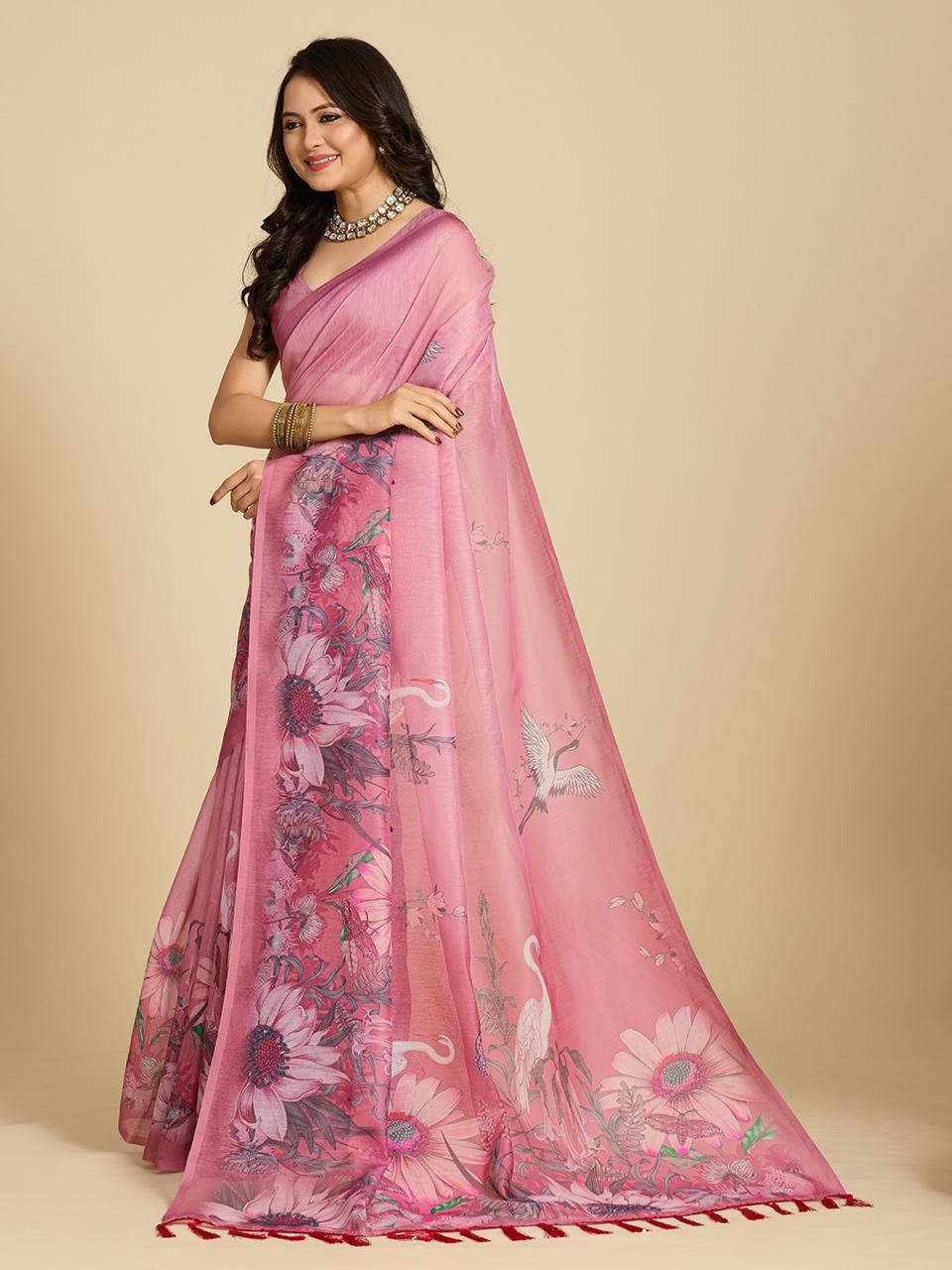 Pink Chanderi Cotton Silk Printed Saree with Blouse