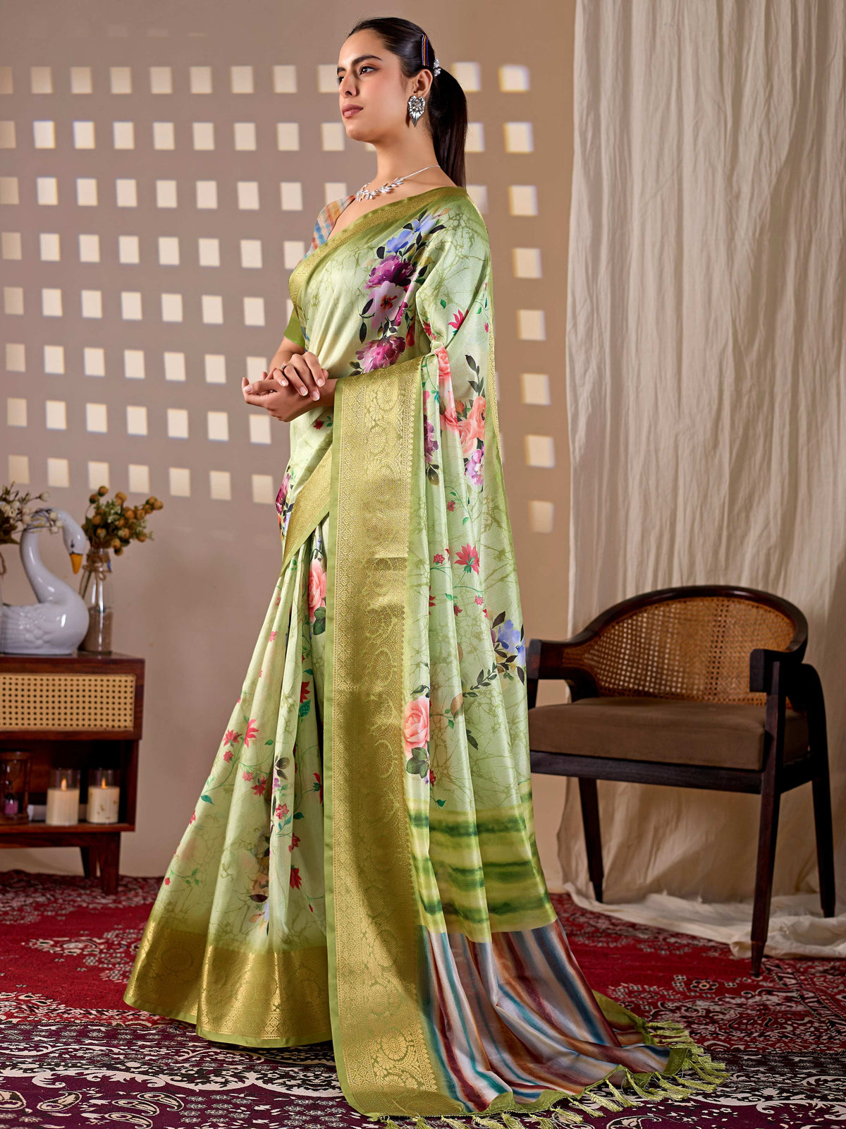 Green Soft Lichi Silk Printed Saree with Multi-Color Blouse