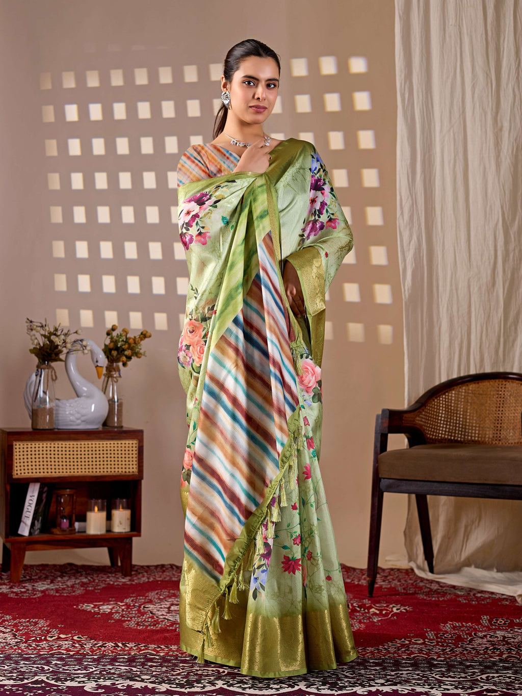 Elegant green soft Lichi silk printed saree with multi-color blouse
