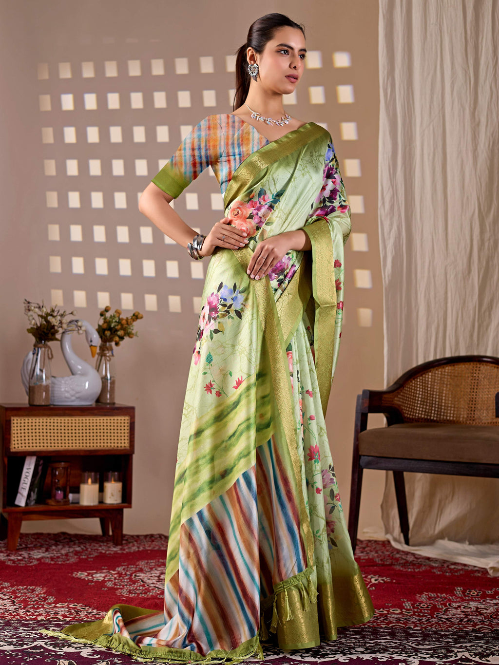 Green Soft Lichi Silk Printed Saree with Multi-Color Blouse