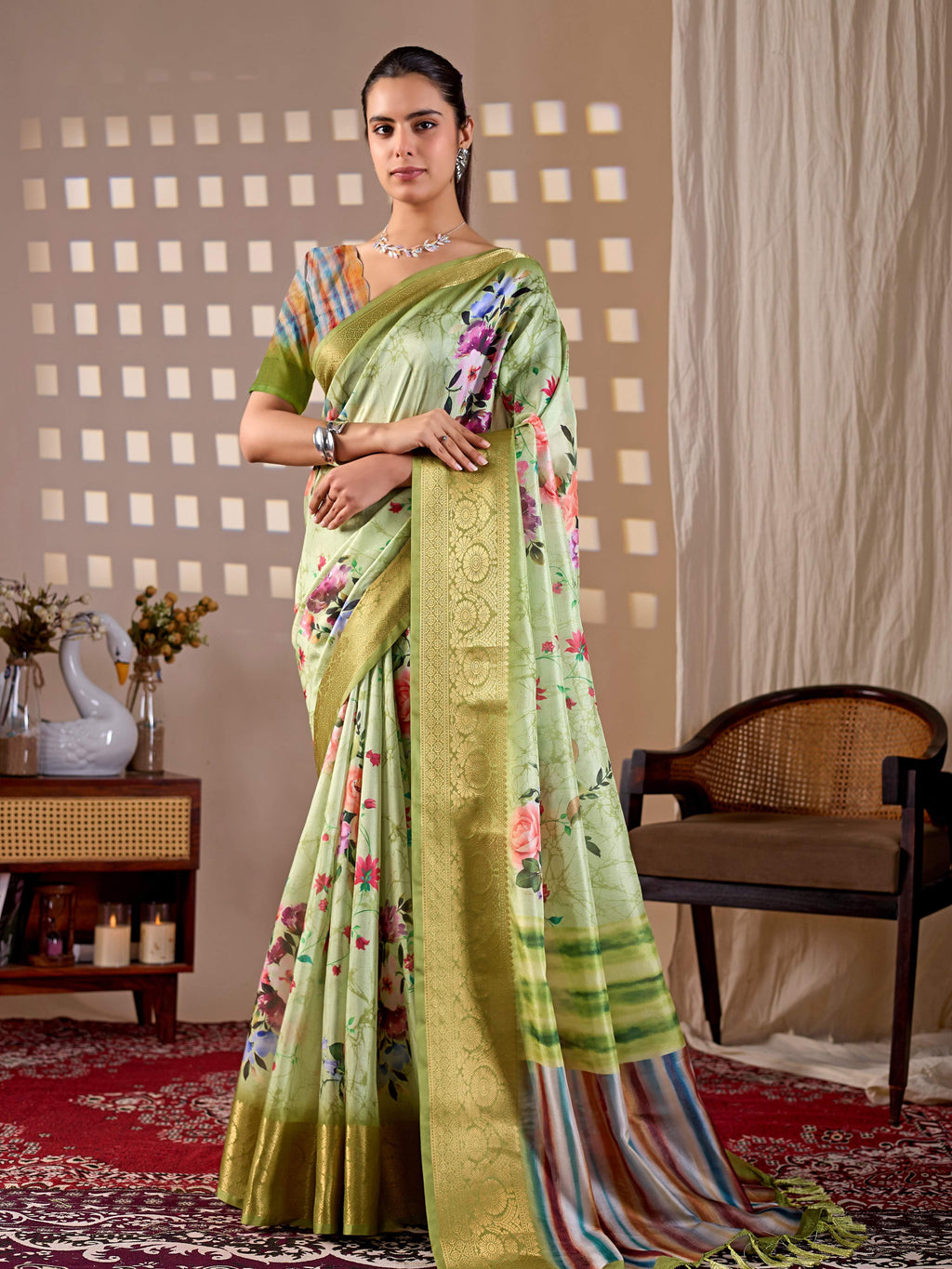 Green Soft Lichi Silk Printed Saree with Multi-Color Blouse