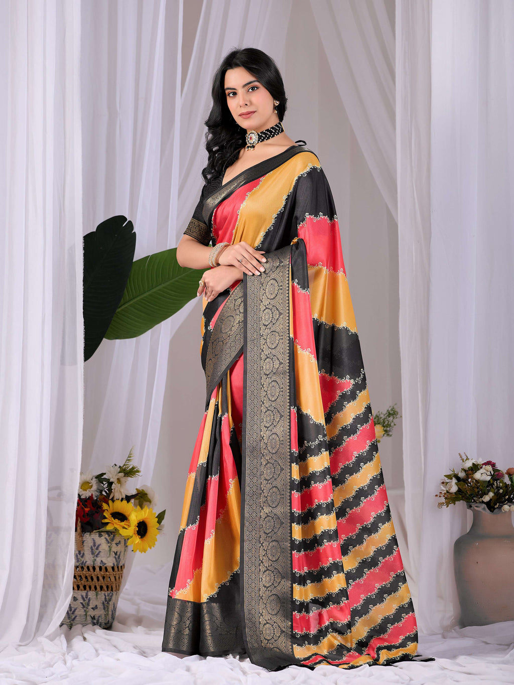 Multi Soft Lichi Silk Printed Saree with Black Blouse Piece