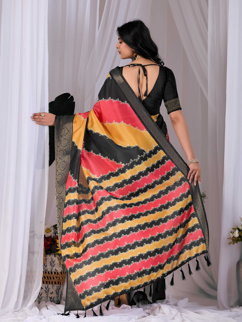Multi Soft Lichi Silk Printed Saree with Black Blouse Piece