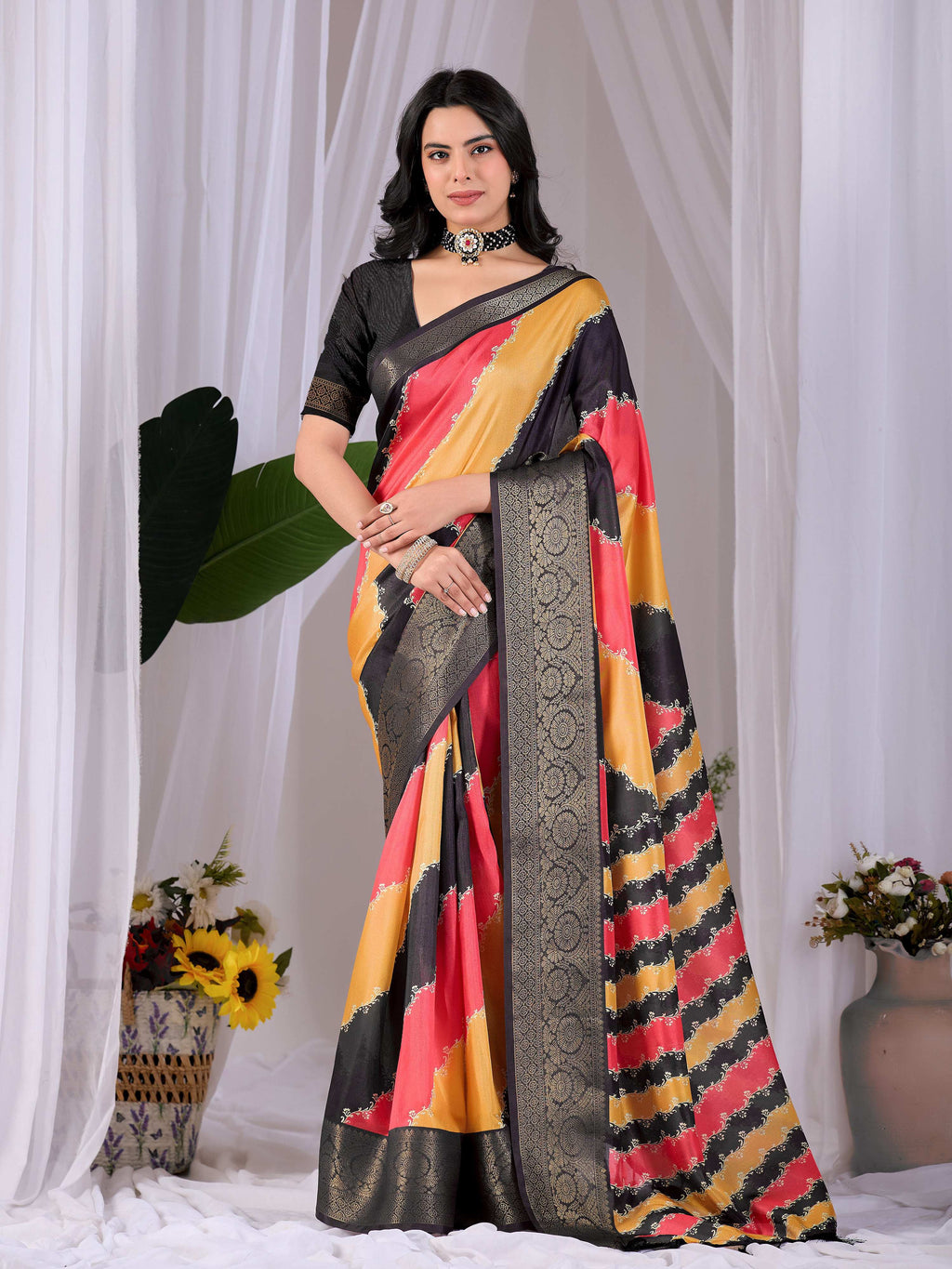 Multi Soft Lichi Silk Printed Saree with Black Blouse Piece