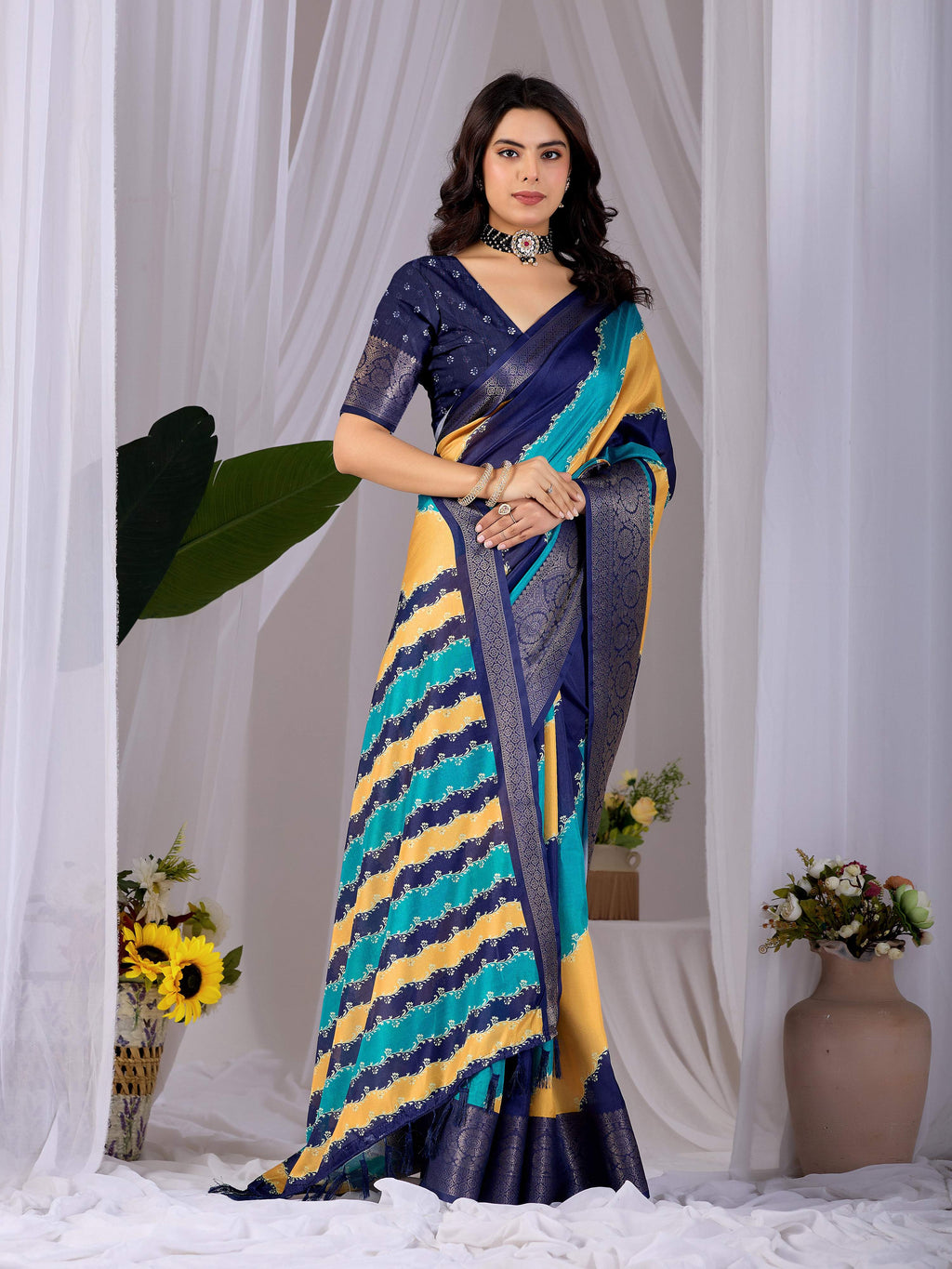 Multi-Colored Soft Lichi Silk Printed Saree with Navy Blue Blouse