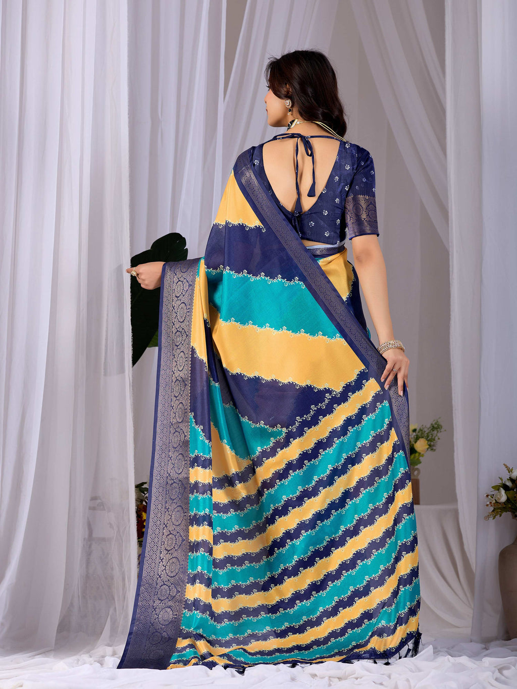 Multi-Colored Soft Lichi Silk Printed Saree with Navy Blue Blouse