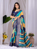 Multi-Colored Soft Lichi Silk Printed Saree with Navy Blue Blouse