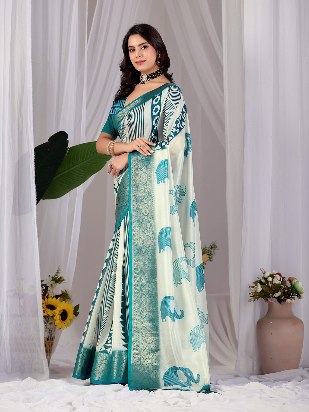 Aastha Fashion Multi Soft Lichi Silk Printed Saree with contrasting aqua blouse piece