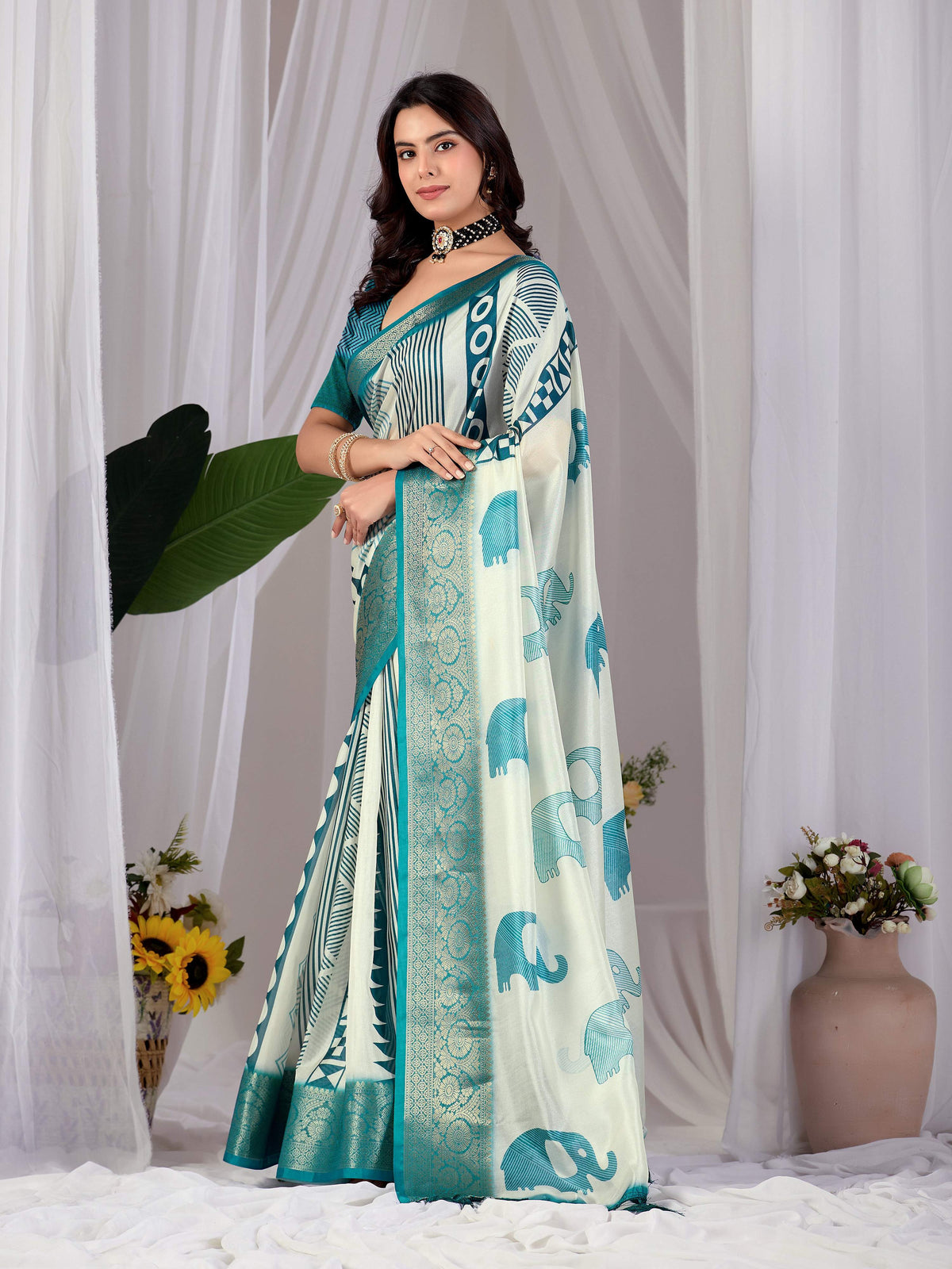 Aastha Fashion Multi Soft Lichi Silk Printed Saree with contrasting aqua blouse piece