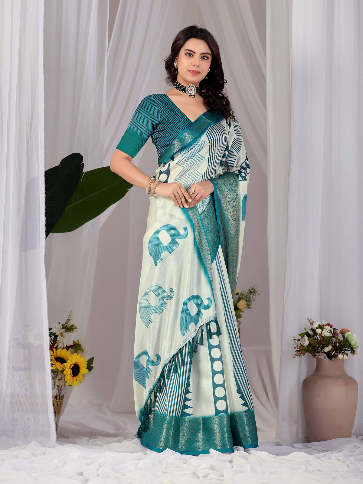 Multi Soft Lichi Silk Printed Saree with Aqua Blouse