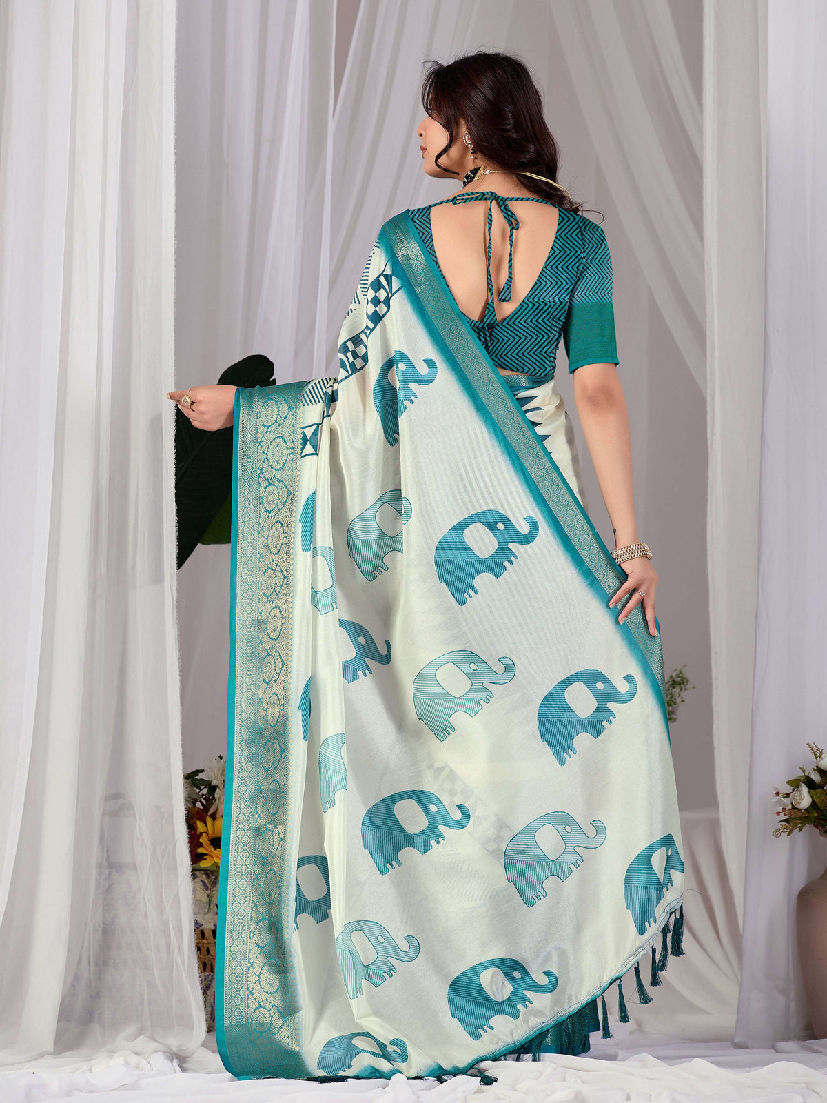 Multi Soft Lichi Silk Printed Saree with Aqua Blouse
