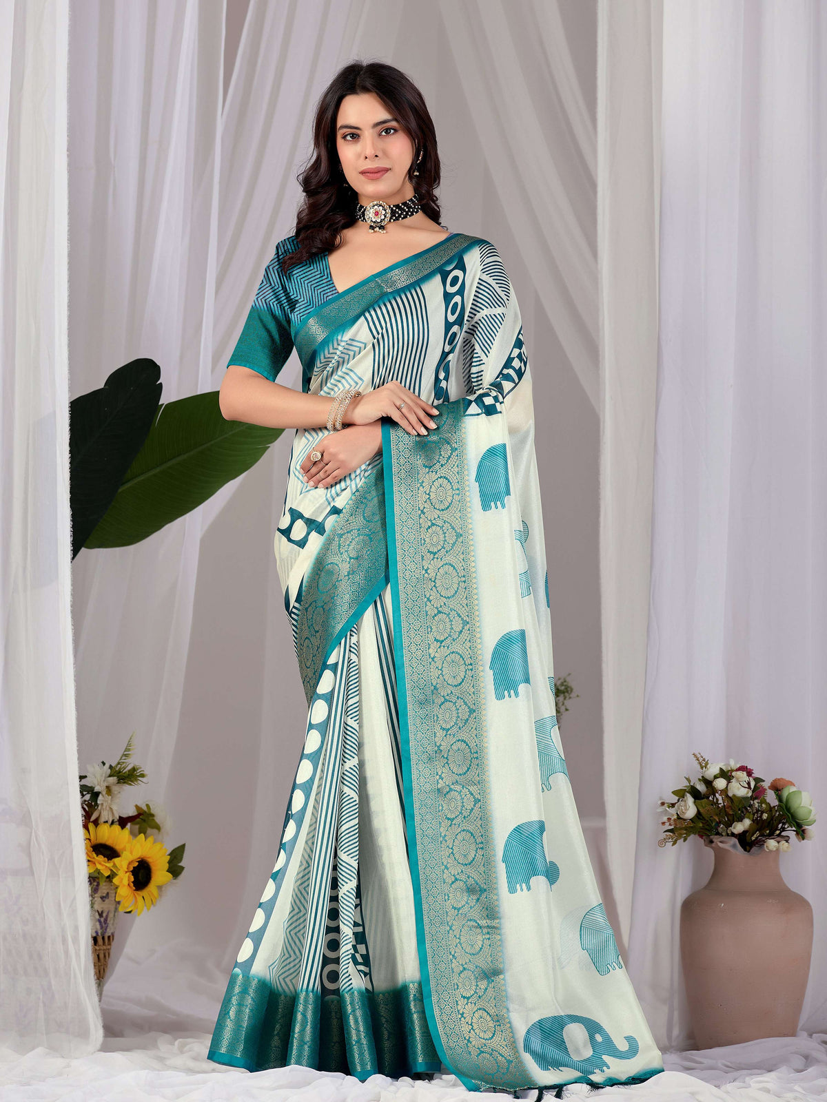 Multi Soft Lichi Silk Printed Saree with Aqua Blouse