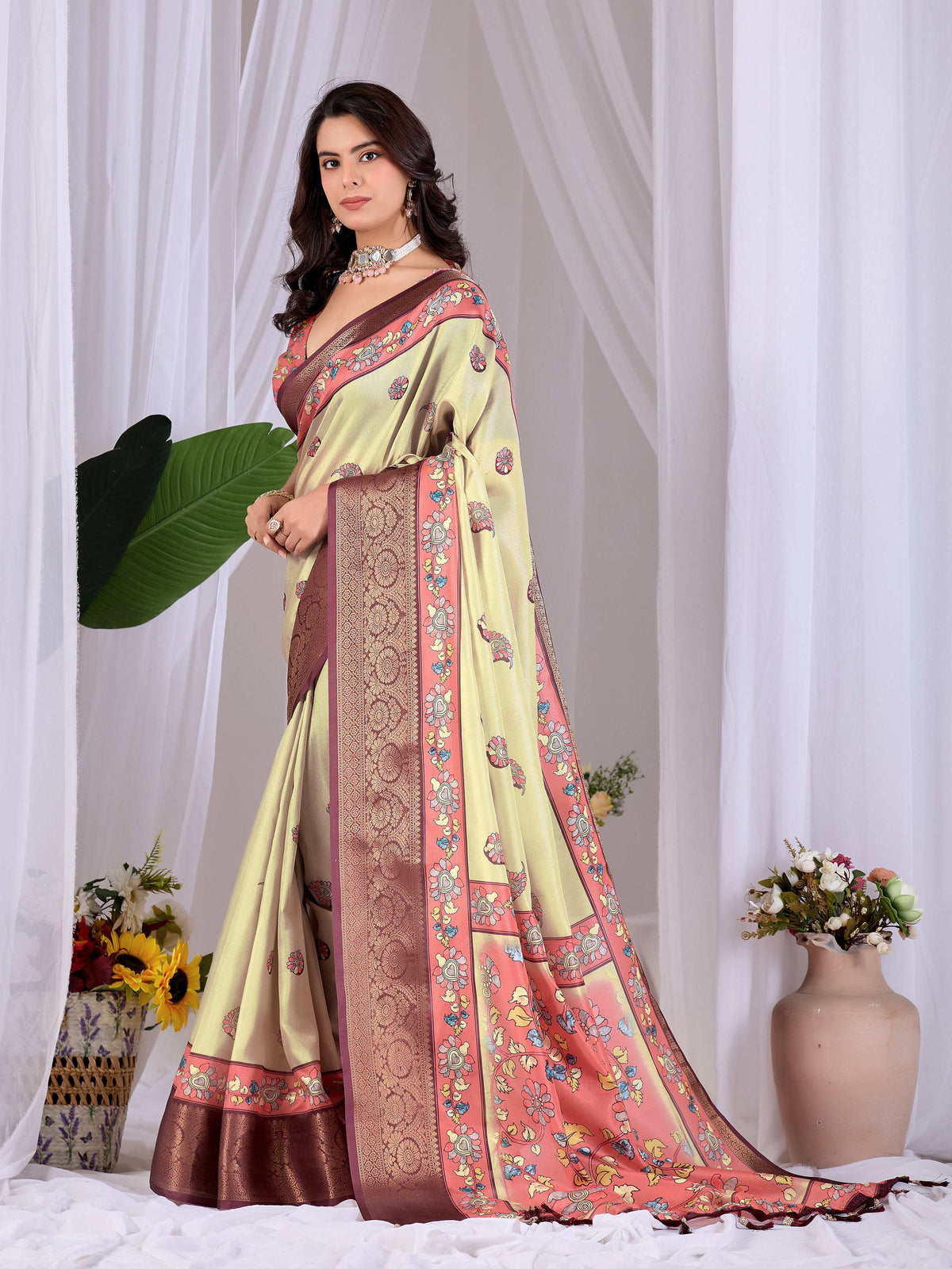 Pista Soft Lichi Silk Printed Saree with Multi-Color Blouse