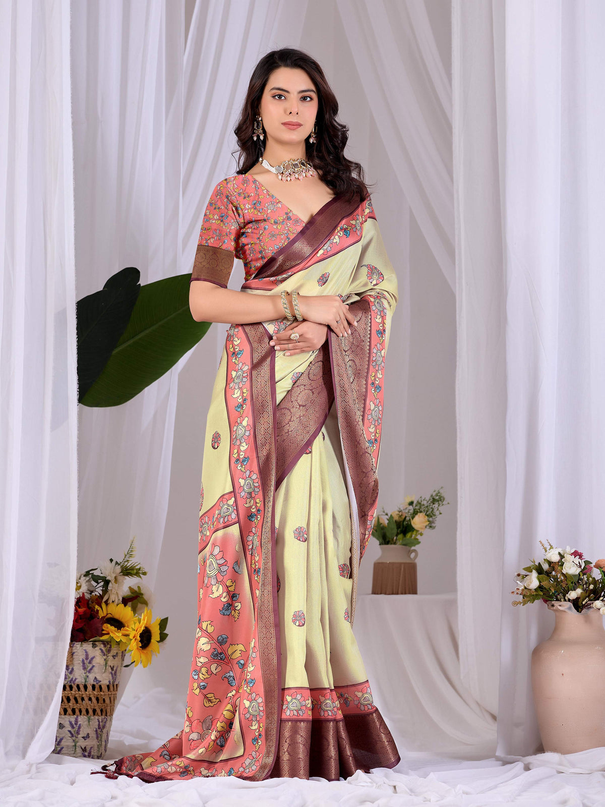 Pista Soft Lichi Silk Printed Saree with Multi-Color Blouse