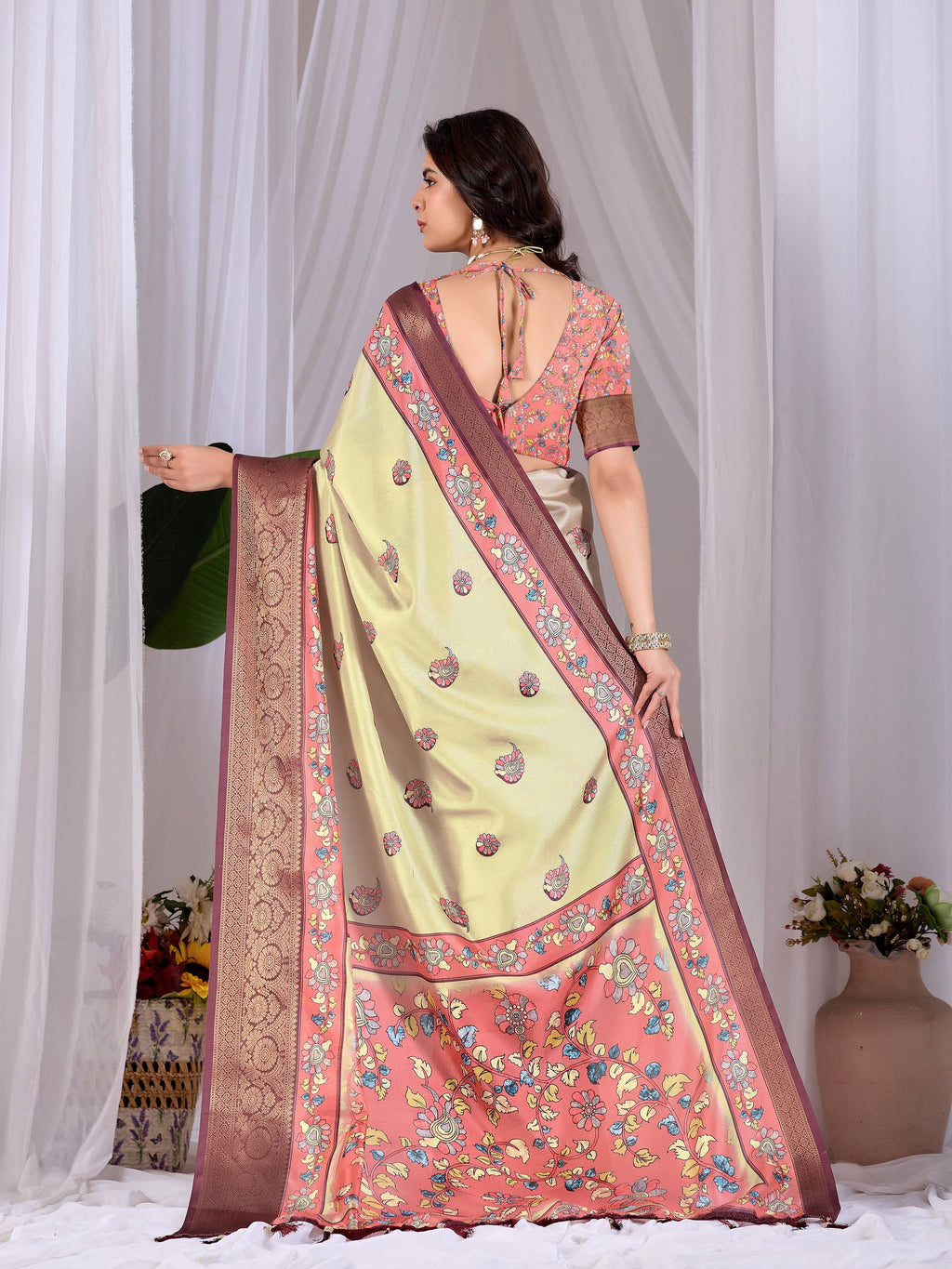 Pista Soft Lichi Silk Printed Saree with Multi-Color Blouse