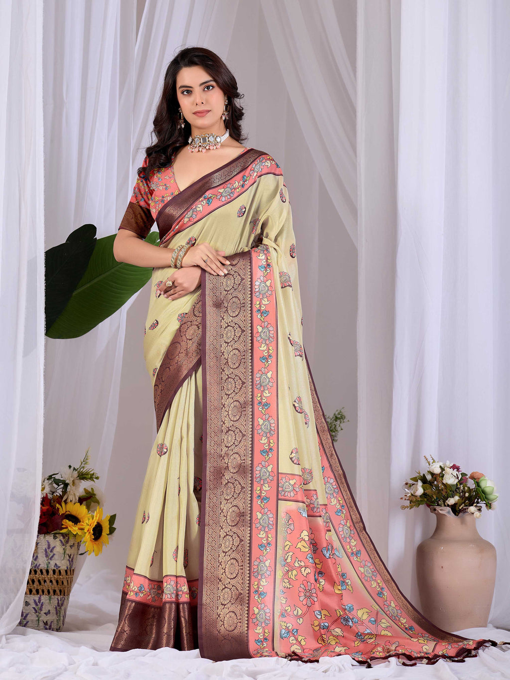 Pista soft Lichi silk printed saree with a vibrant multi-color blouse