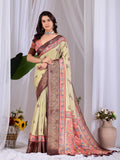 Pista soft Lichi silk printed saree with a vibrant multi-color blouse