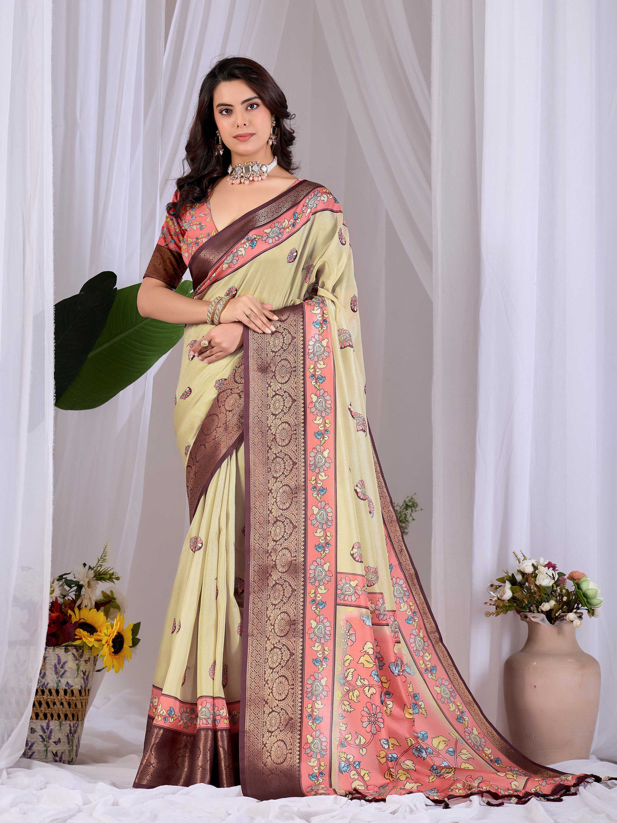 Pista soft Lichi silk printed saree with a vibrant multi-color blouse