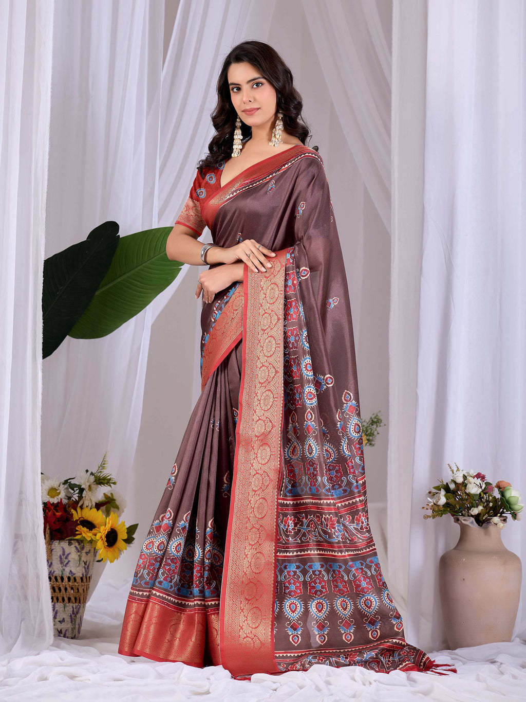 Light Brown Soft Lichi Silk Printed Saree with Red Blouse Set