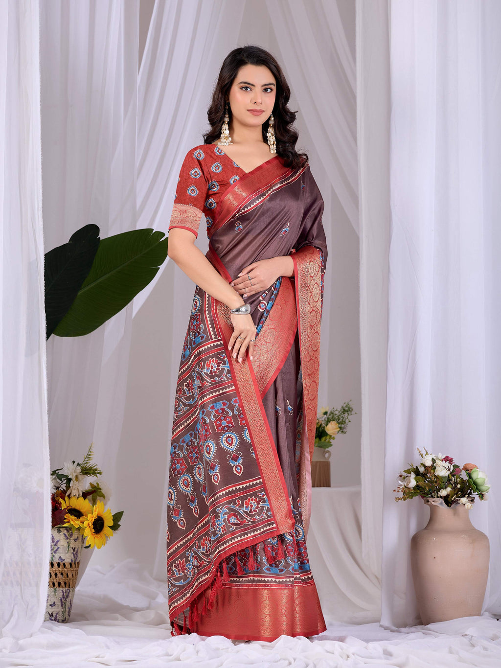 Light Brown Soft Lichi Silk Printed Saree with Red Blouse Set