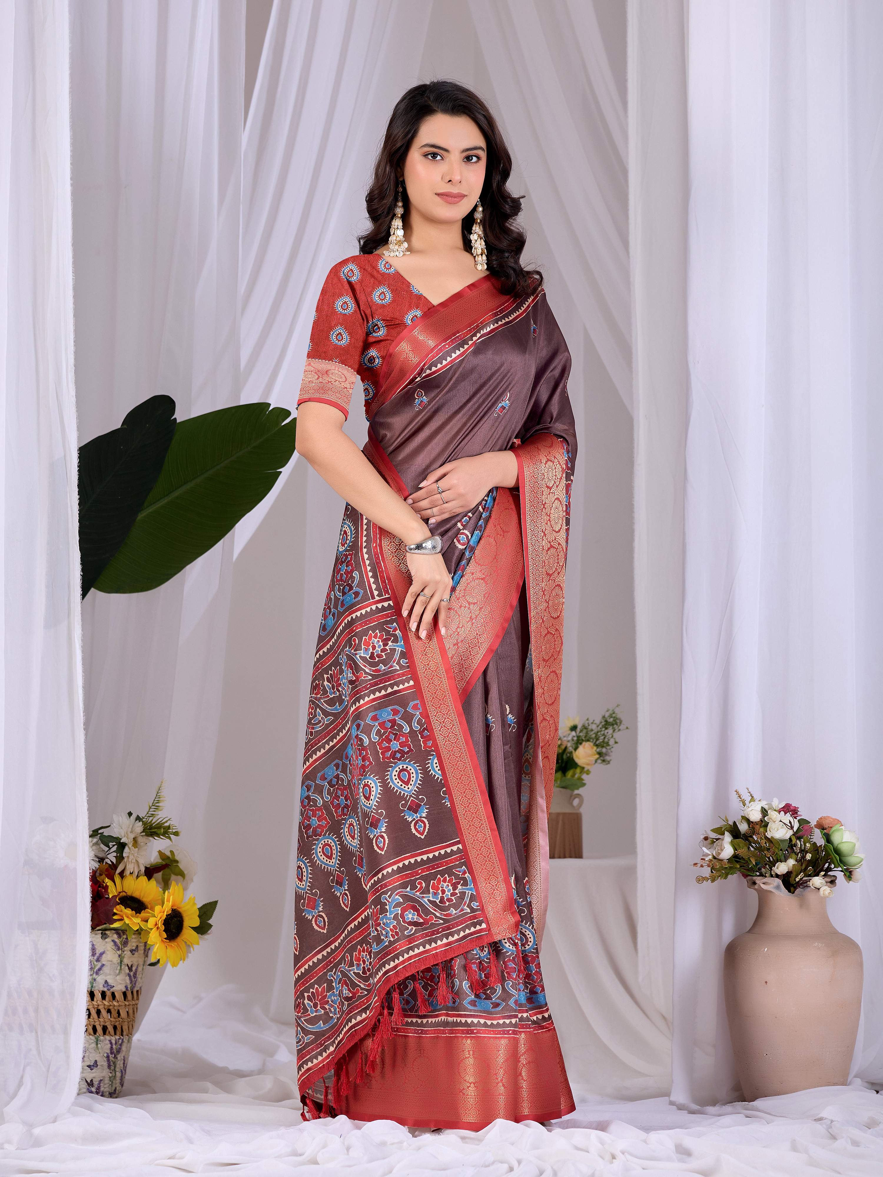 Light Brown Soft Lichi Silk Printed Saree with Red Blouse Set