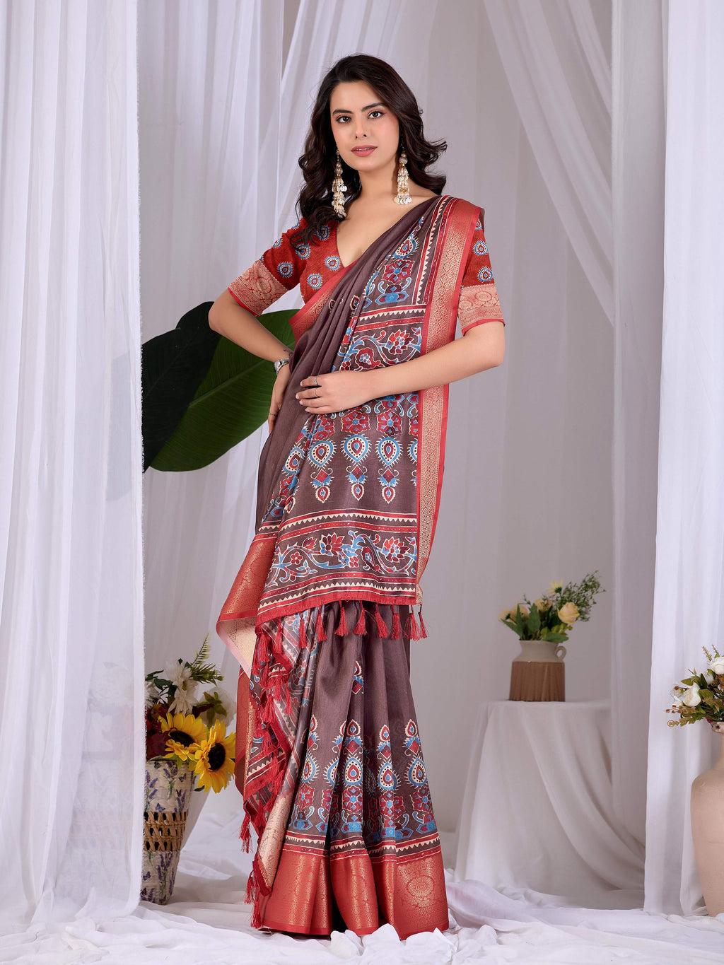 Light Brown Soft Lichi Silk Printed Saree with Red Blouse Set