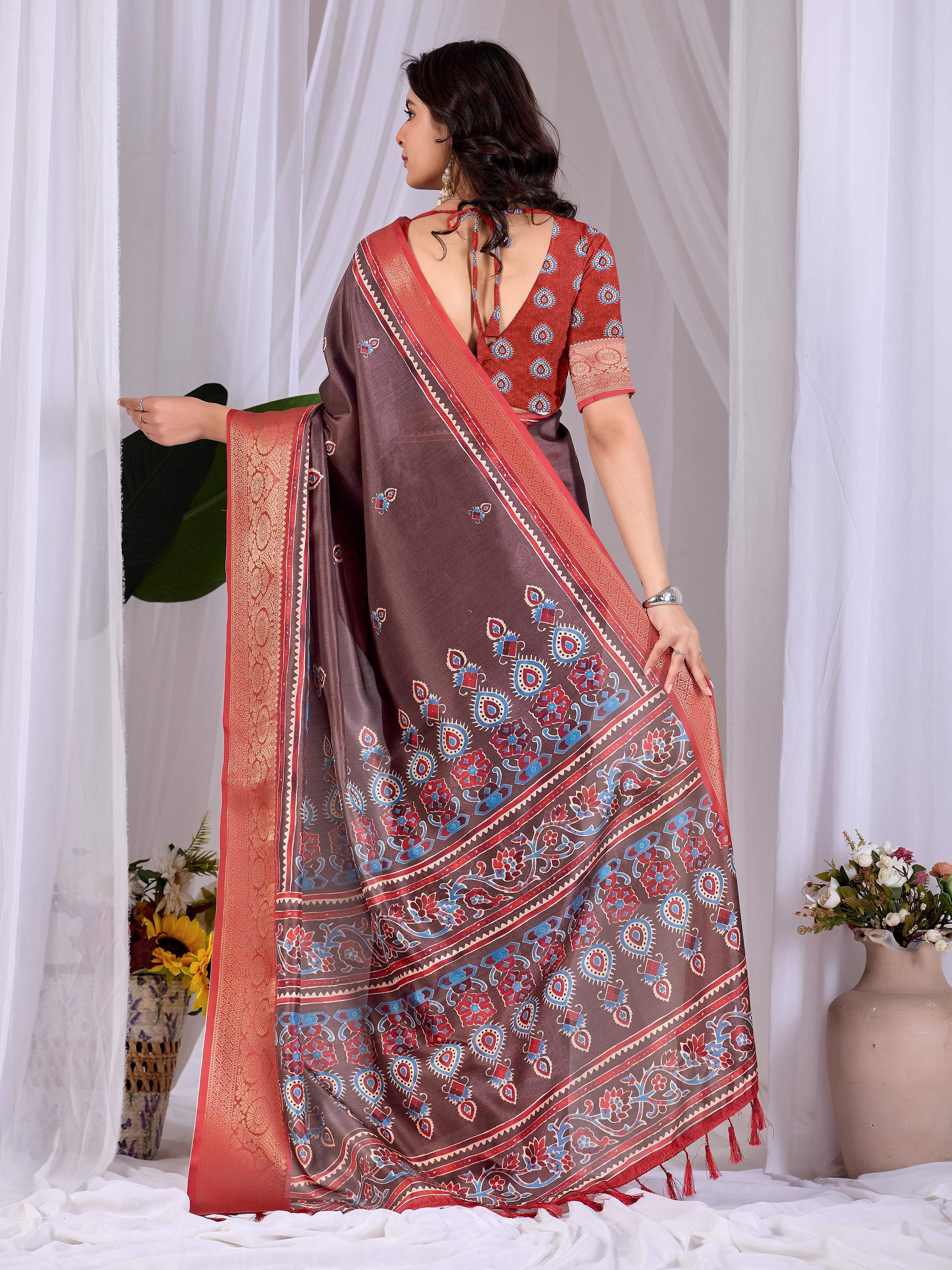 Light Brown Soft Lichi Silk Printed Saree with Red Blouse Set