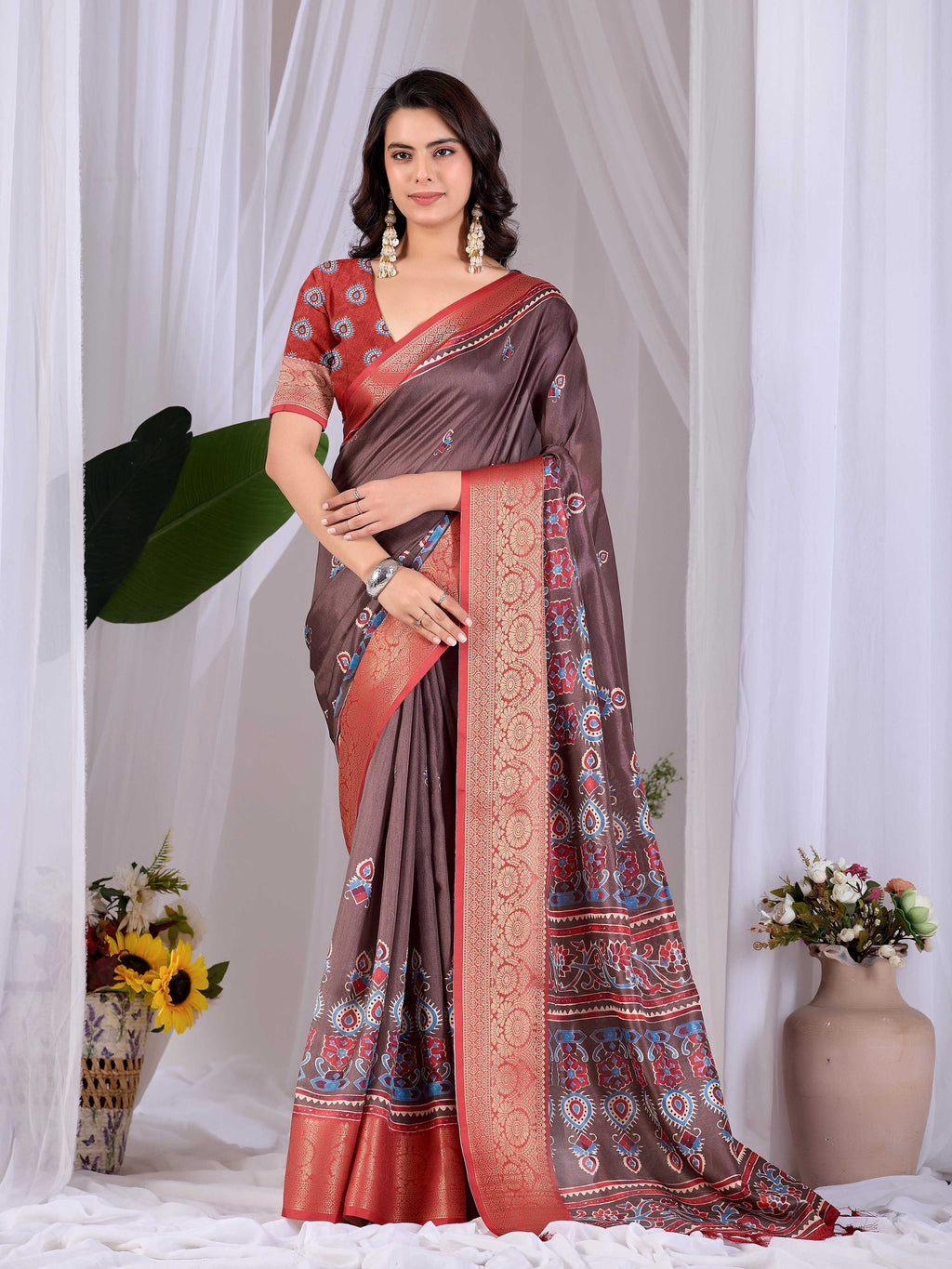Aastha Fashion light brown lichi silk printed saree with a red blouse piece