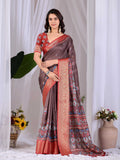 Aastha Fashion light brown lichi silk printed saree with a red blouse piece