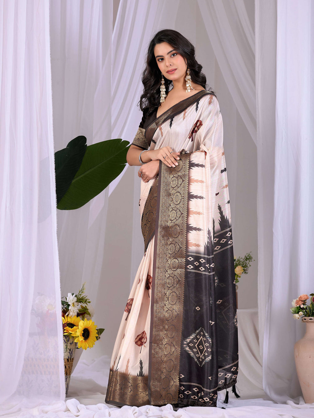 Cream soft lichi silk printed saree with a contrasting black blouse