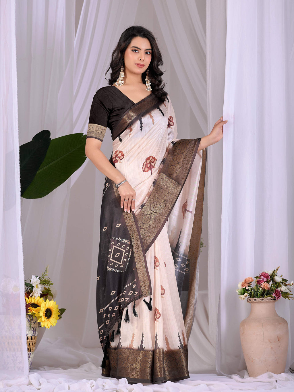 Cream Soft Lichi Silk Printed Saree with Black Blouse