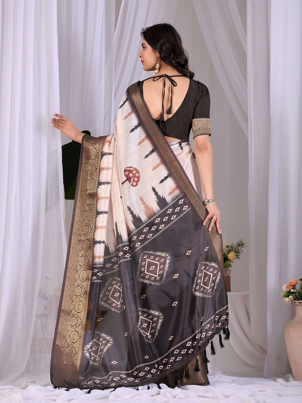 Cream Soft Lichi Silk Printed Saree with Black Blouse