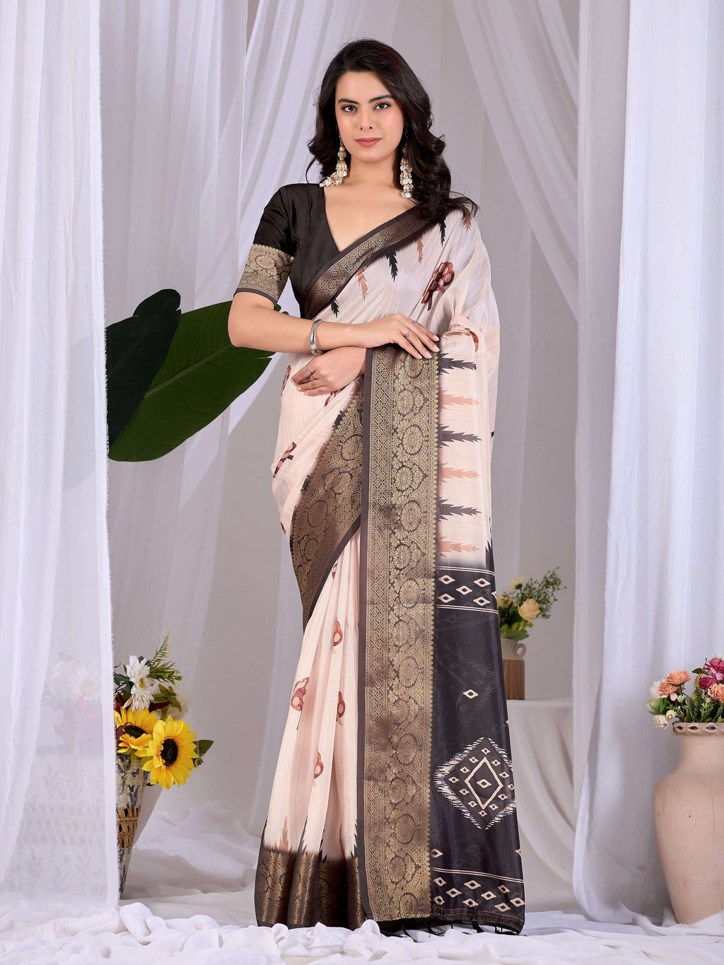 Cream Soft Lichi Silk Printed Saree with Black Blouse