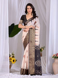 Cream Soft Lichi Silk Printed Saree with Black Blouse