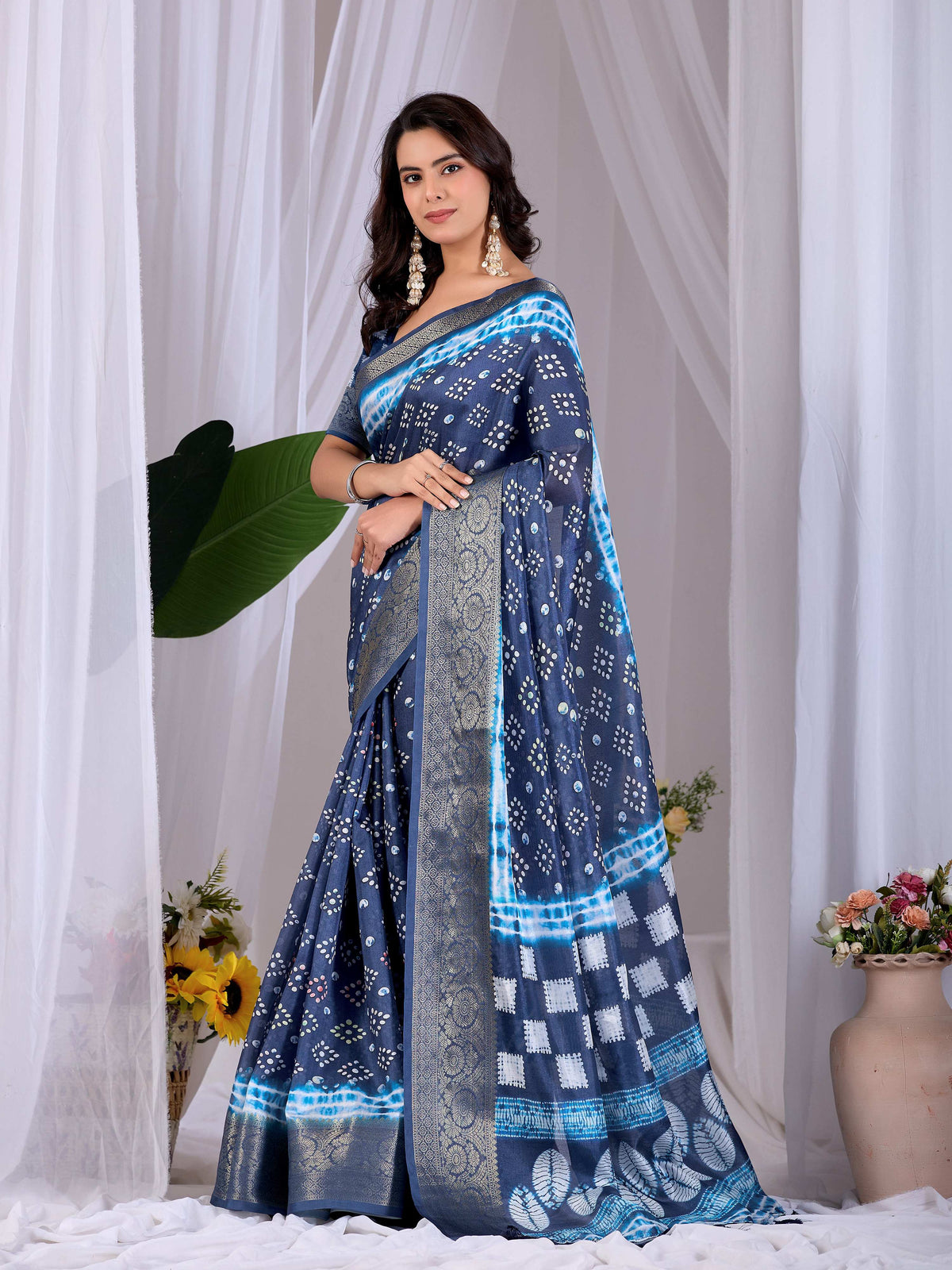 Navy Blue Lichi Silk printed saree with matching blouse piece