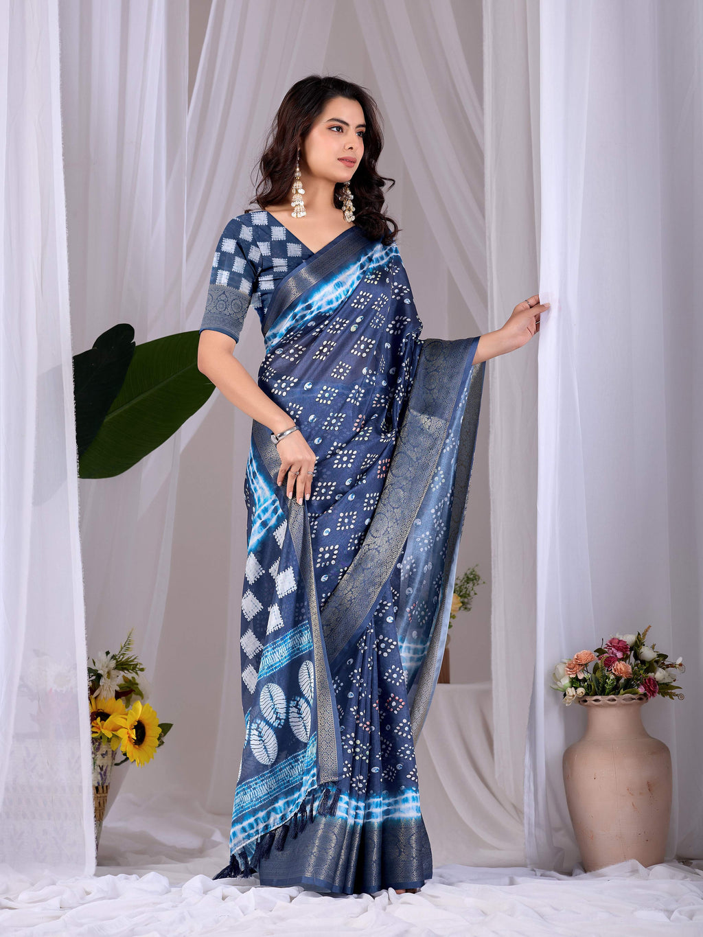 Navy Blue Lichi Silk Printed Saree with Matching Blouse