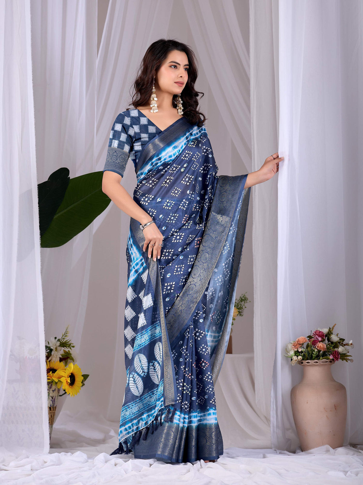 Navy Blue Lichi Silk Printed Saree with Matching Blouse