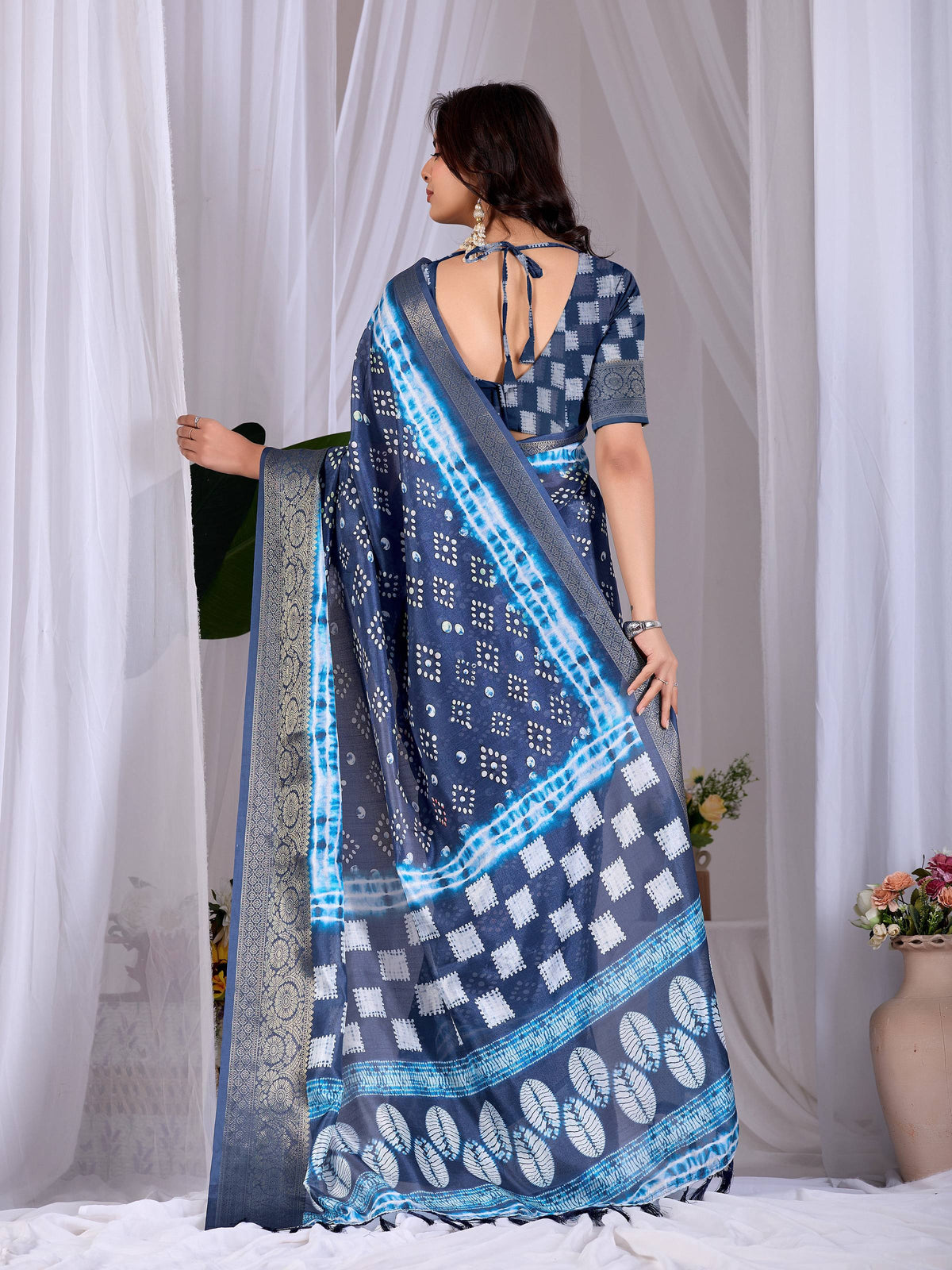 Navy Blue Lichi Silk Printed Saree with Matching Blouse