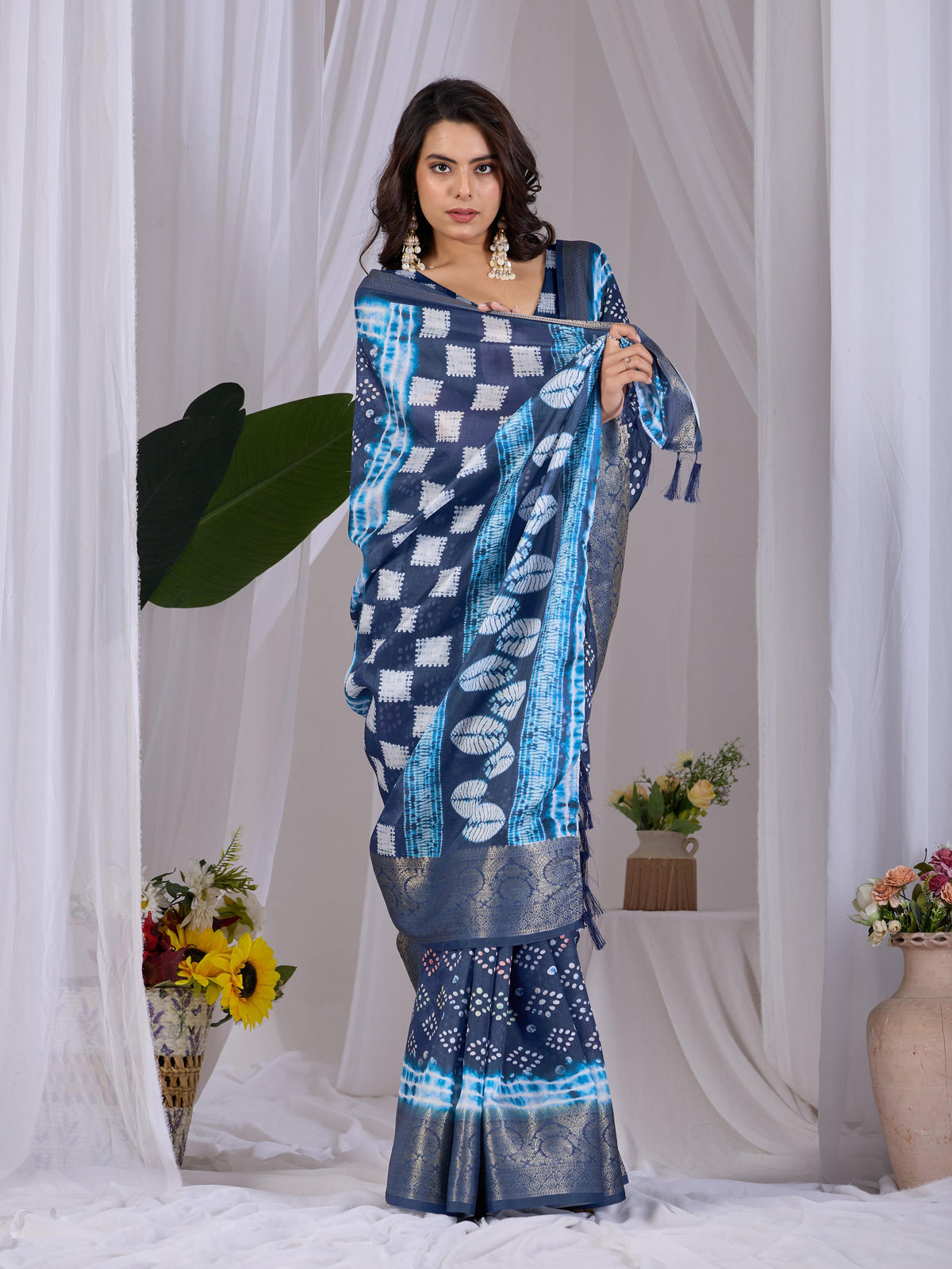 Navy Blue Lichi Silk Printed Saree with Matching Blouse