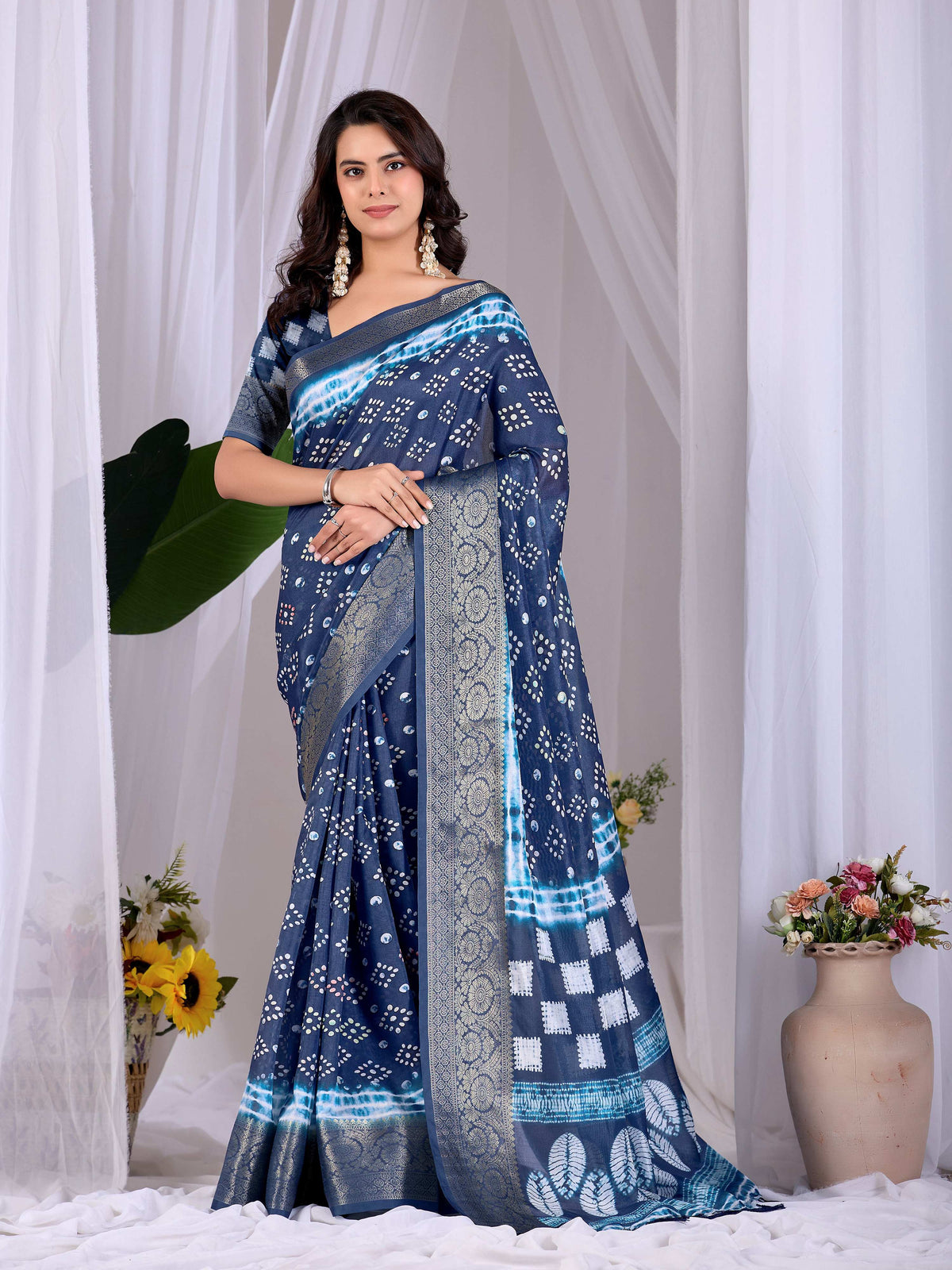 Navy Blue Lichi Silk Printed Saree with Matching Blouse