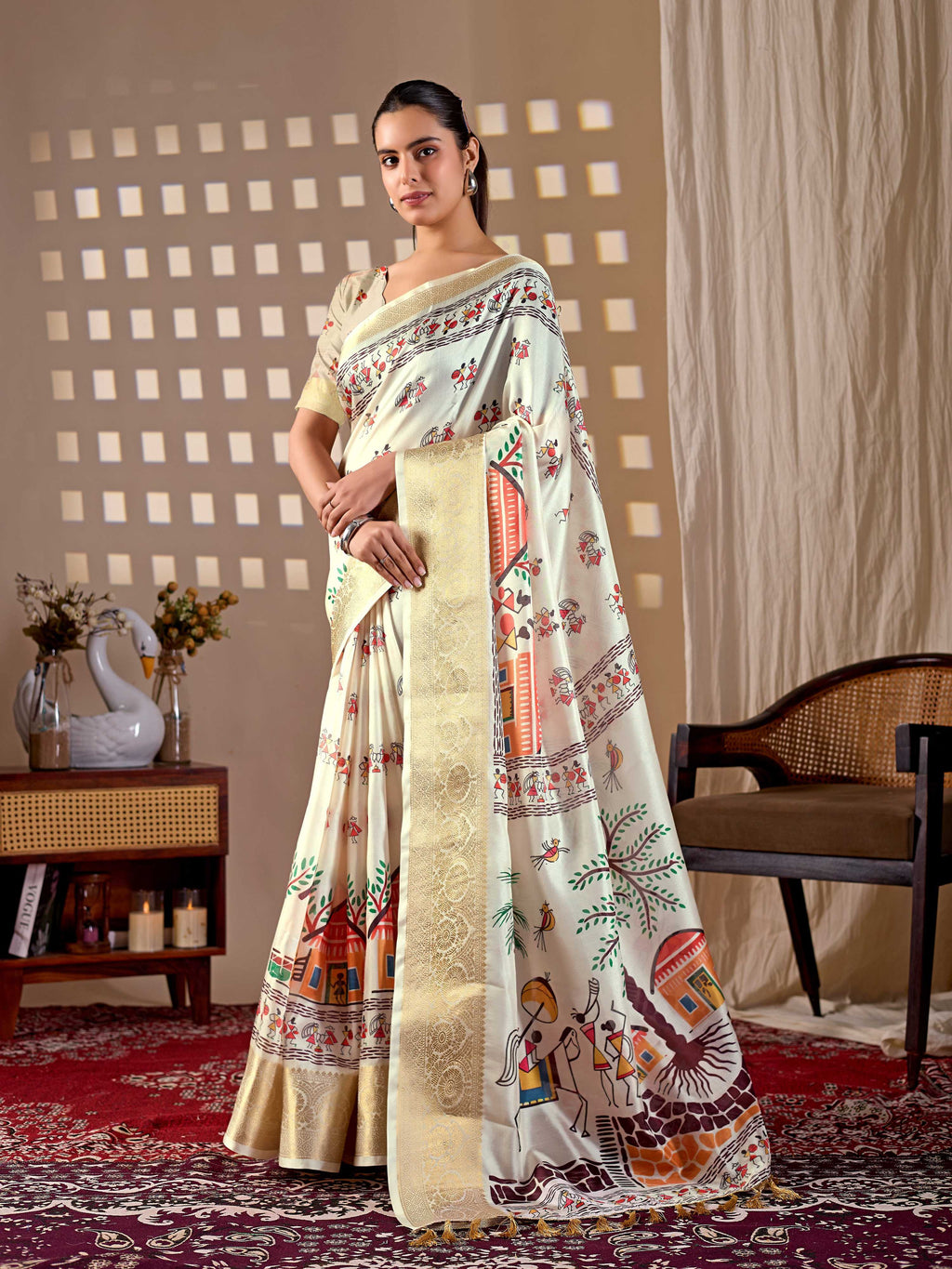 Cream Soft Lichi Silk Printed Saree with Matching Blouse
