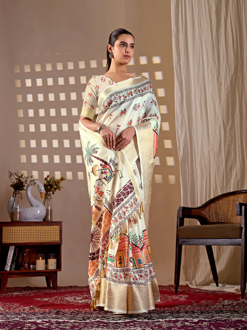 Elegant cream soft lichi silk saree with intricate prints