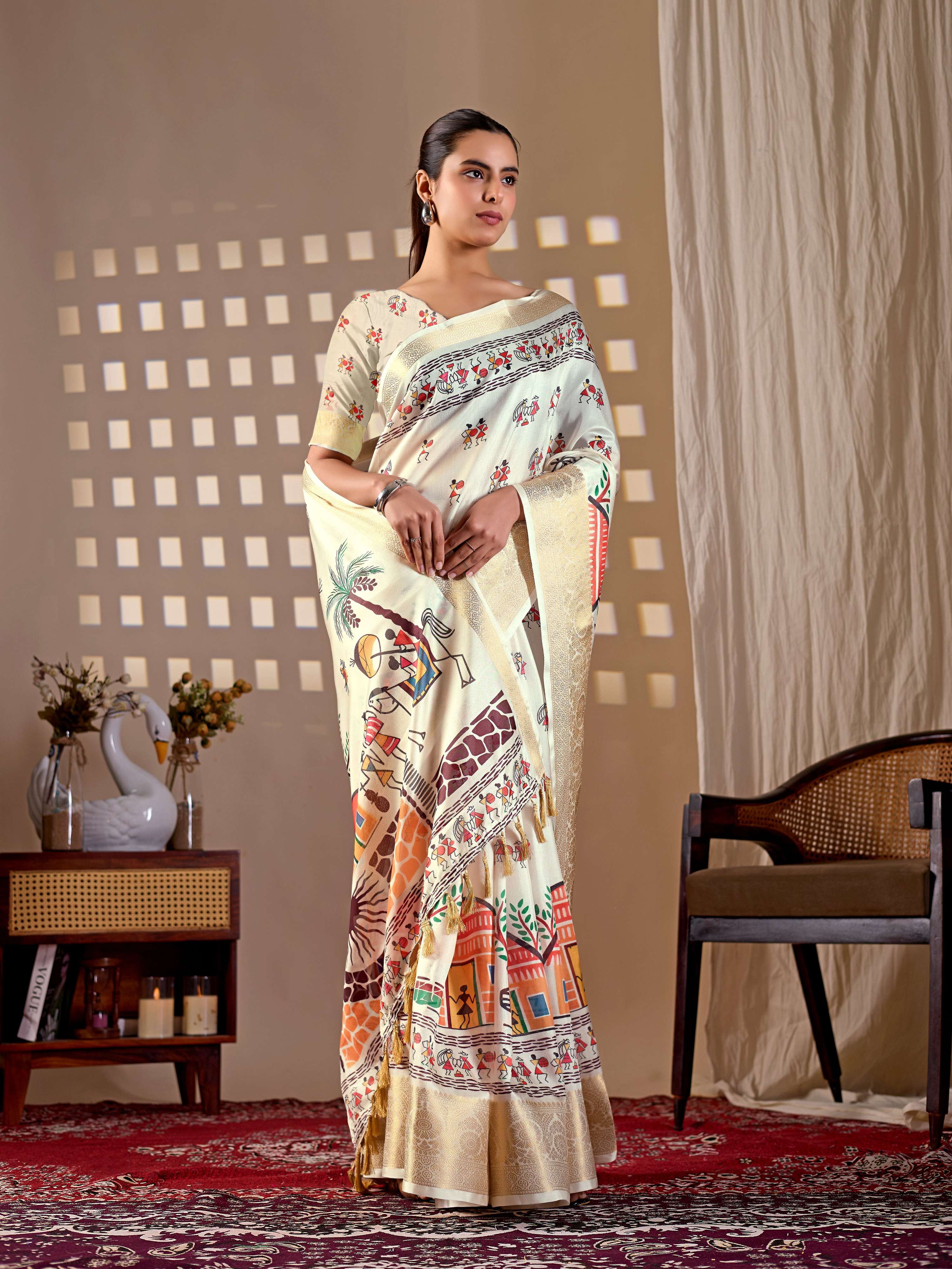 Elegant cream soft lichi silk saree with intricate prints