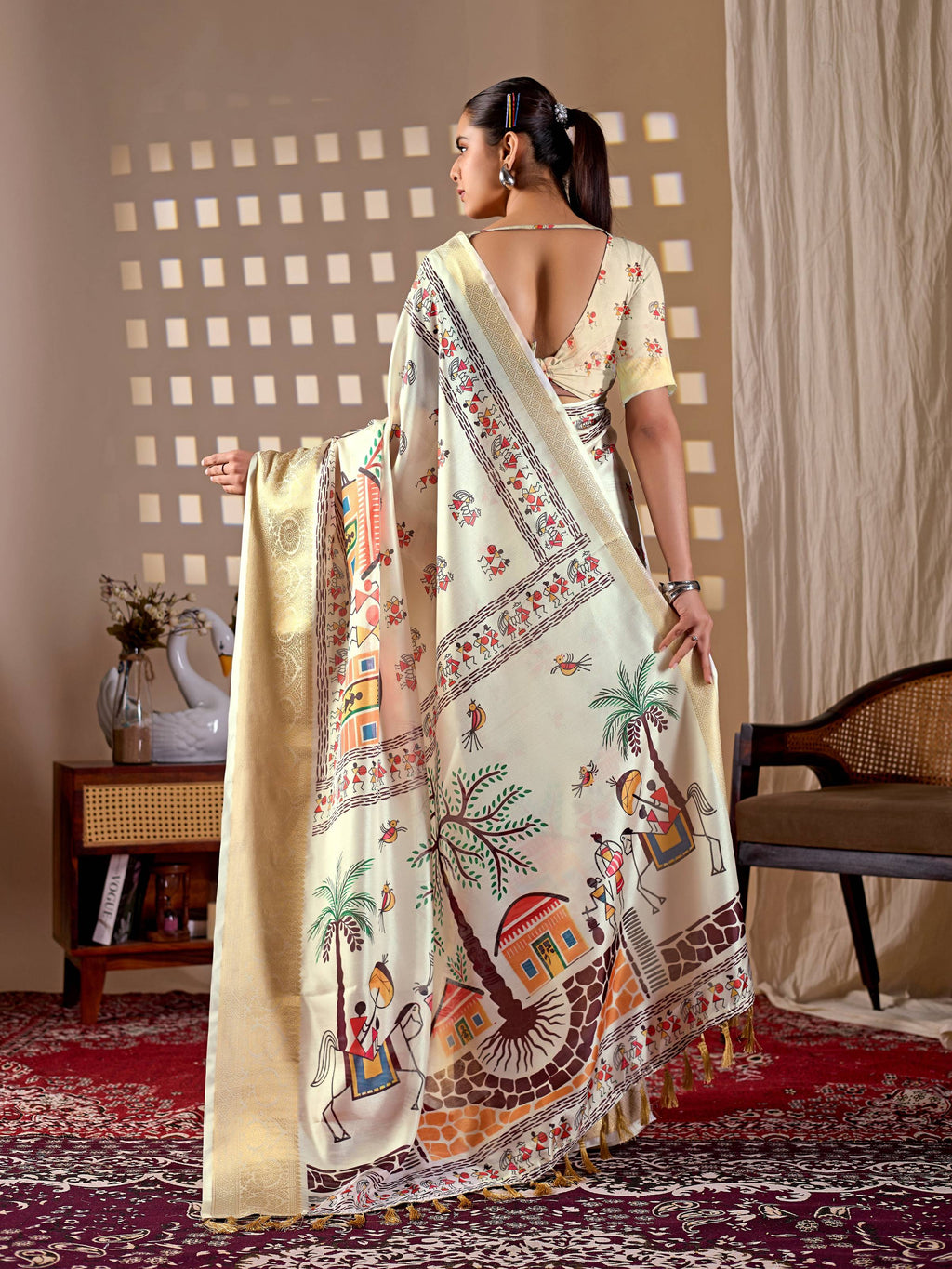 Cream Soft Lichi Silk Printed Saree with Matching Blouse