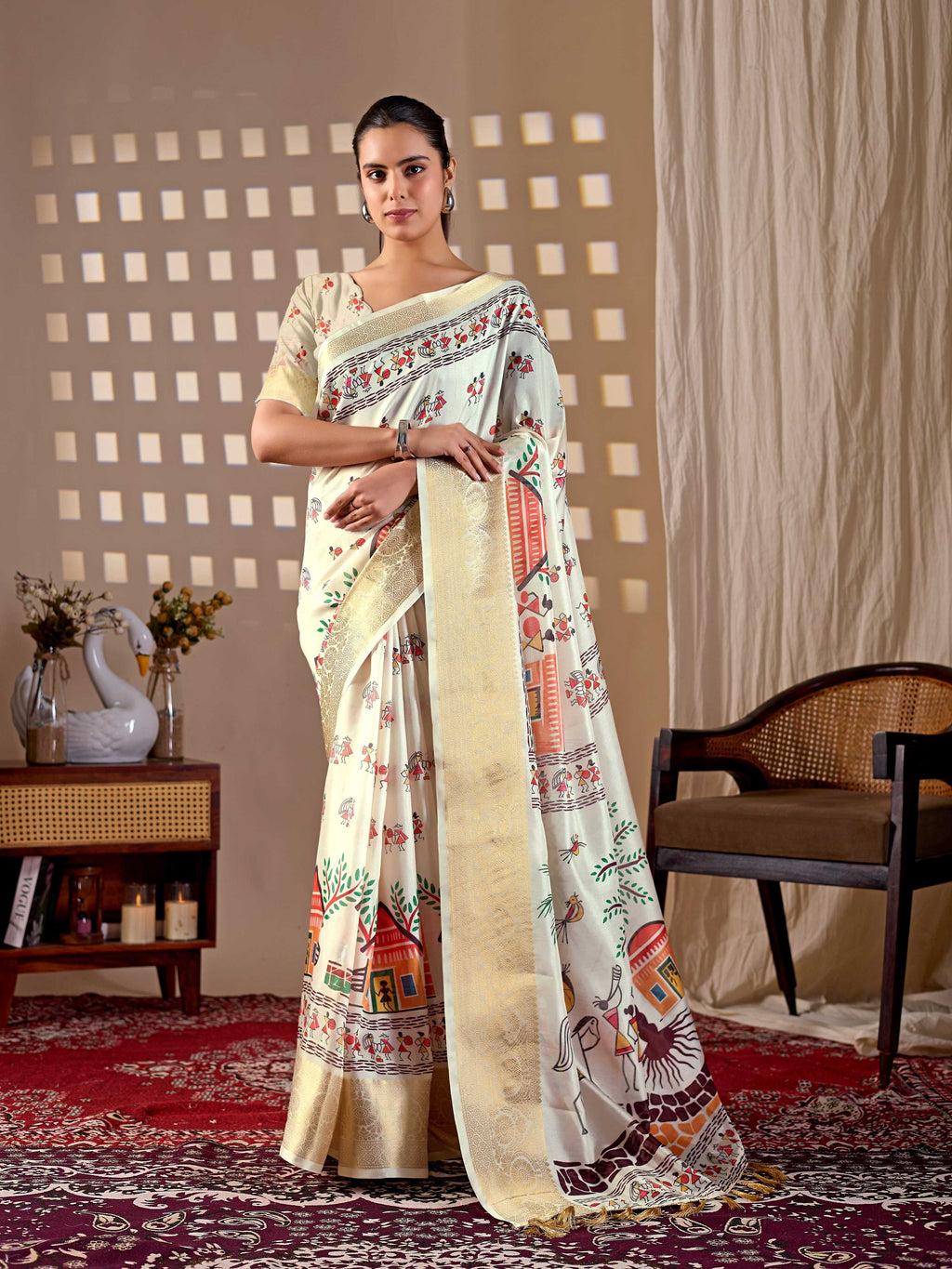 Cream Soft Lichi Silk Printed Saree with Matching Blouse