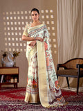 Cream Soft Lichi Silk Printed Saree with Matching Blouse