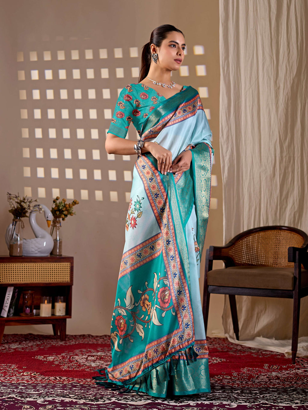 Aqua Soft Lichi Silk Printed Saree with Matching Blouse Piece
