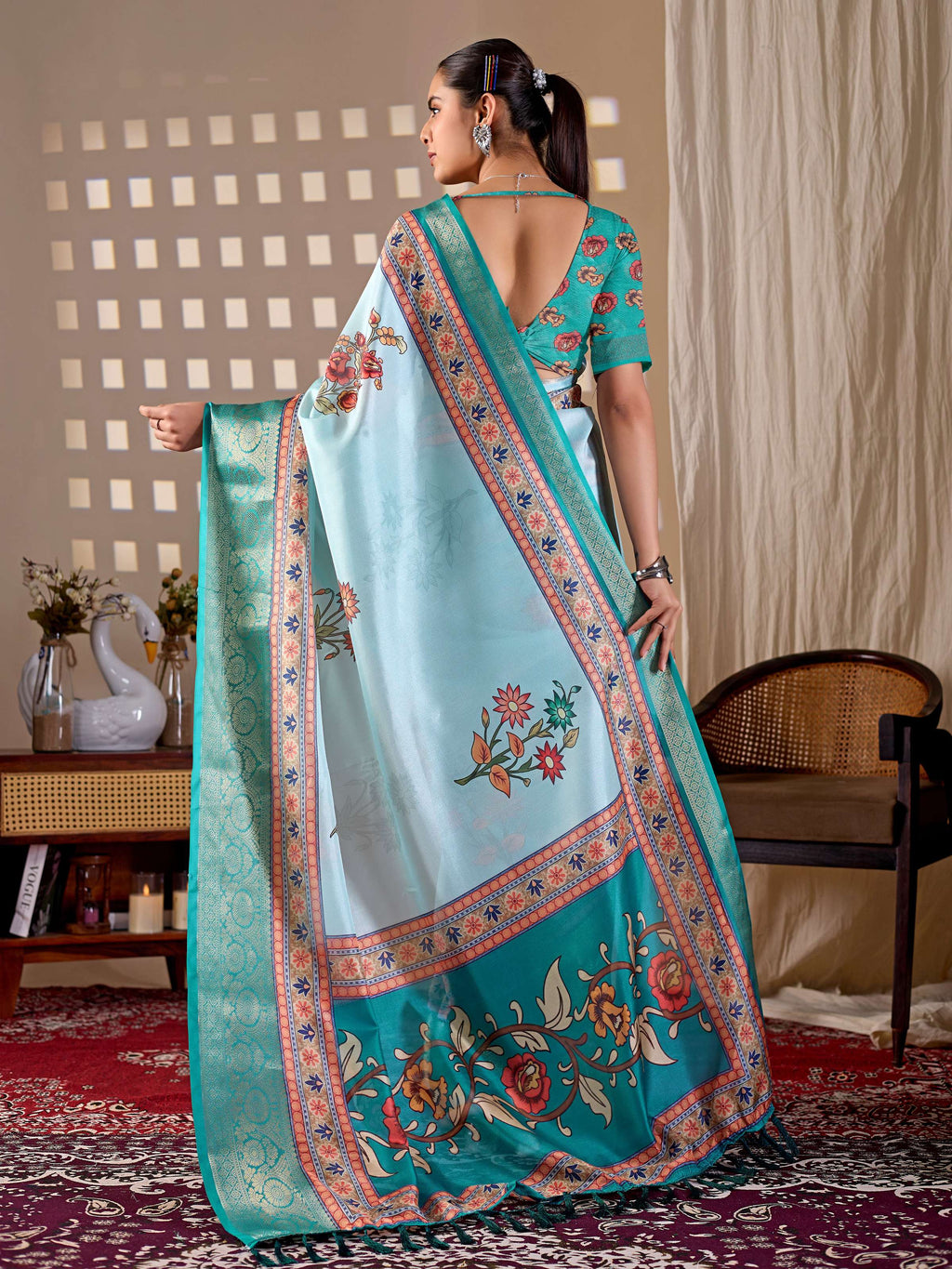Aqua Soft Lichi Silk Printed Saree with Matching Blouse Piece