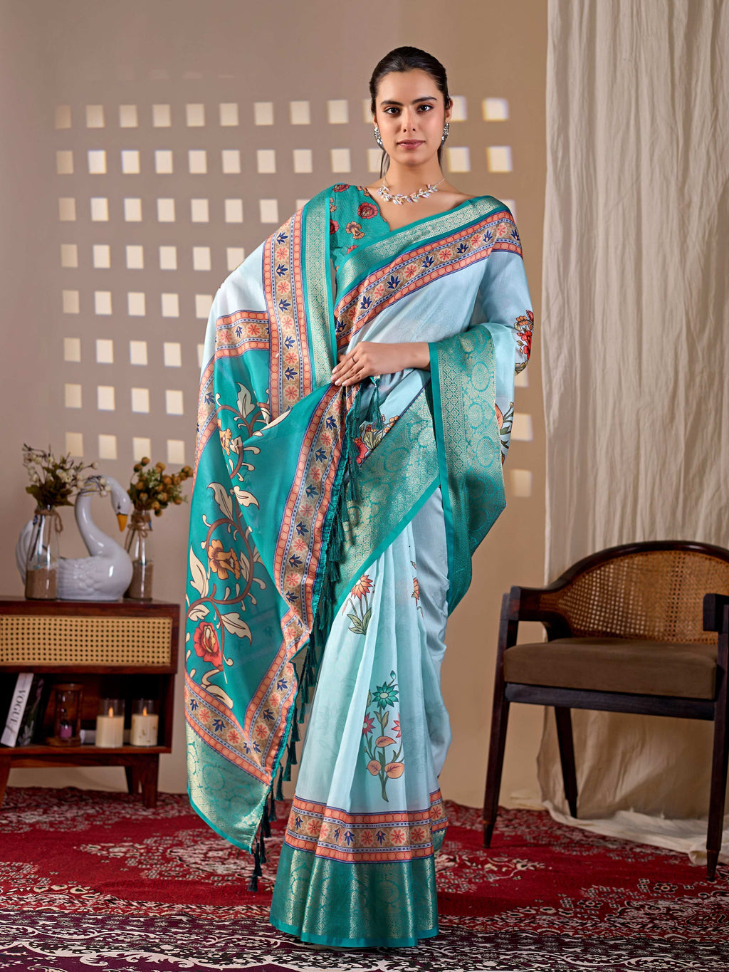 Aqua Soft Lichi Silk Printed Saree with Matching Blouse Piece