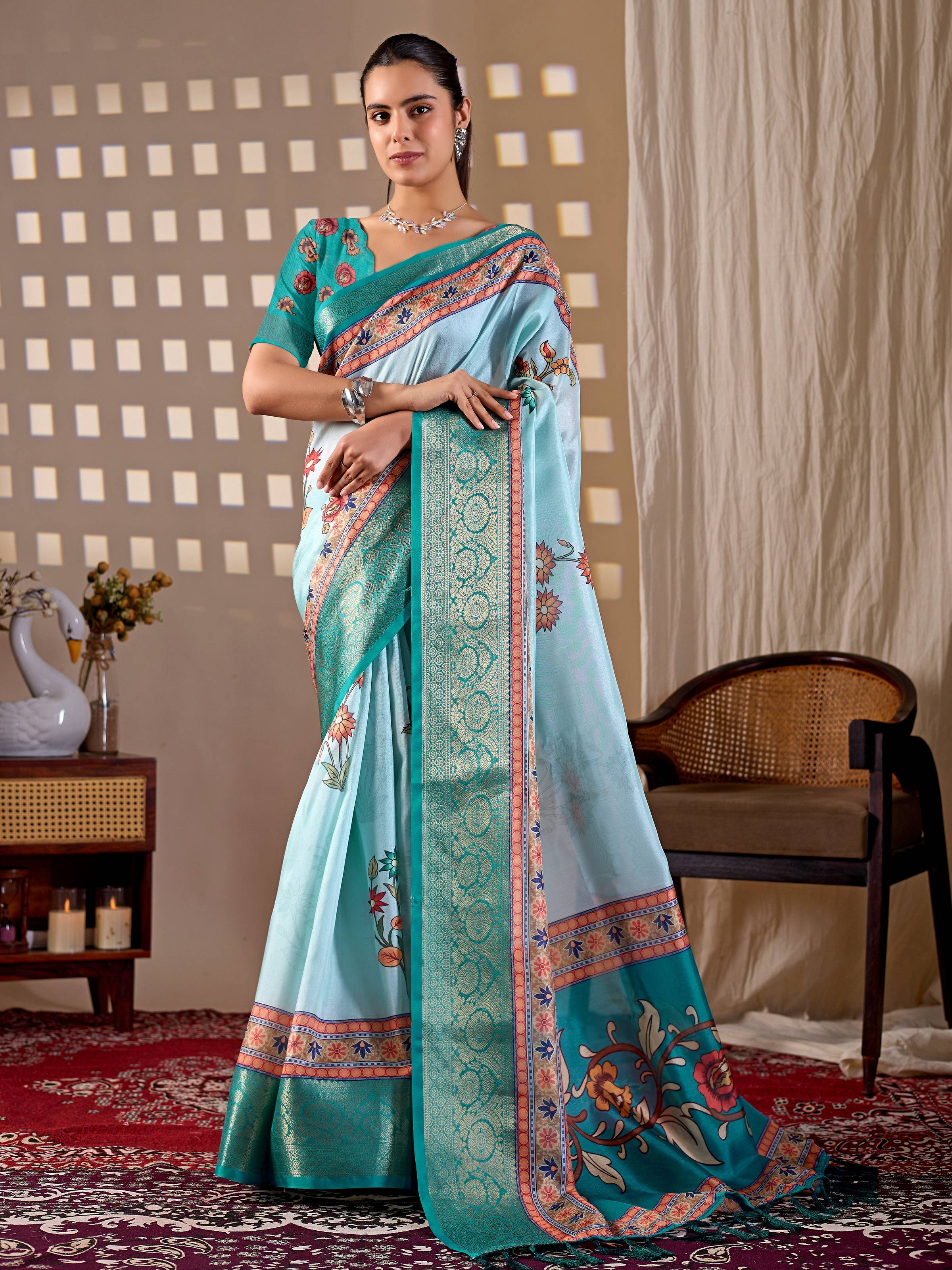 Aqua Soft Lichi Silk Printed Saree with Matching Blouse Piece